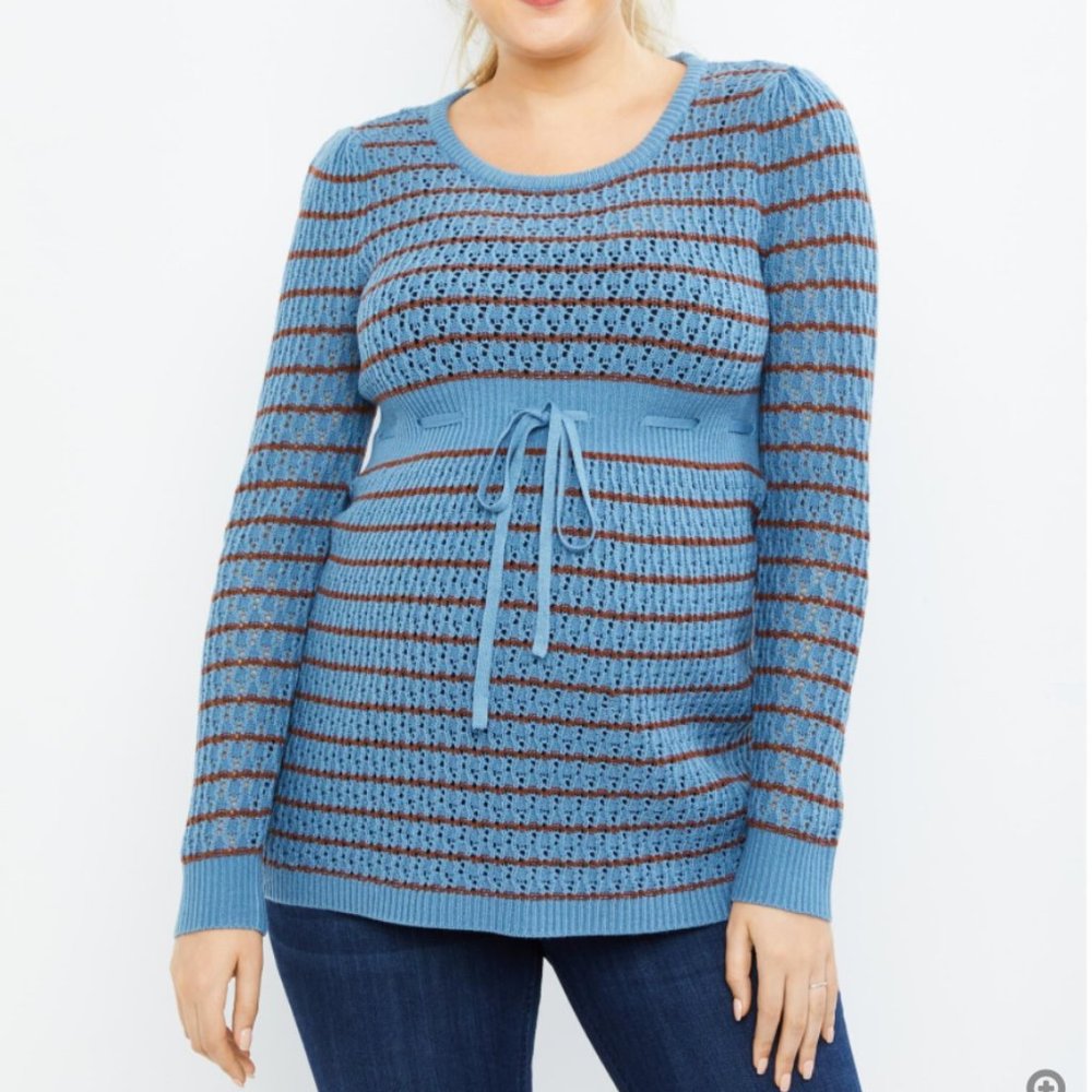 Motherhood Maternity Striped Pointelle Maternity Sweater Provincial Blue…